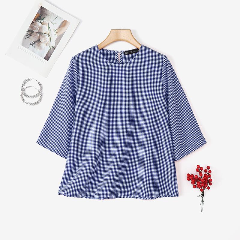 

ZANZEA Женская повседневная блузка с круглым вырезом, свободного кроя, с рукавами 3/4 и принтом в клетку 2XL синий