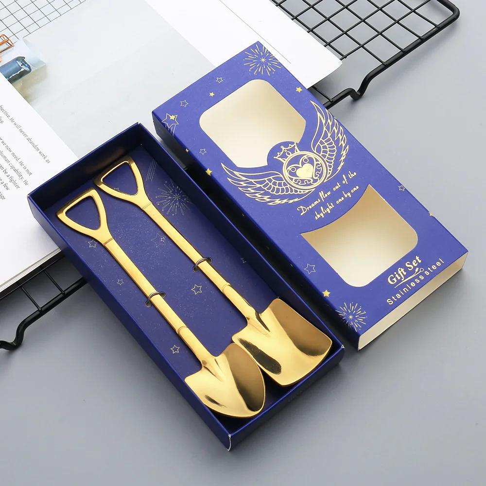 2ks/sada Nerezová žehlička Lopatka Lžíce Kávová Zmrzlina Lžíce Lžíce Strojírenství Lopatka Retro Roztomilá hranatá hlava Lžíce Kuchyňská pomůcka