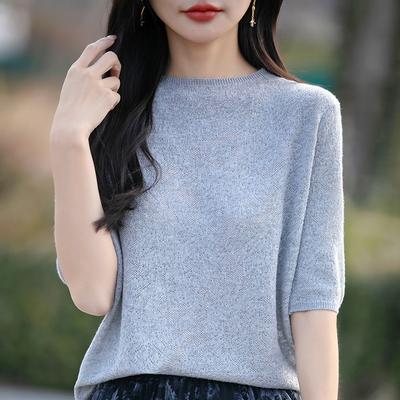 Women's Spring and Summer New 14 Needle Worsted Wool Round Neck Hollow Hook Head Loose Knit Sweater Short Sleeve