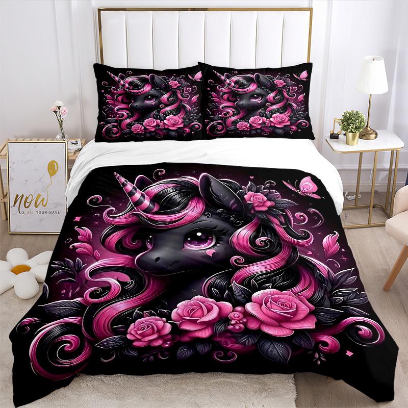 3pcs Noble Black Unicorn Printed Duvet Cover Set (1 * Cover+2 * Pillowcase, Without Core), Suitable for Home Bedroom, Guest Room, Dormitory Decor
