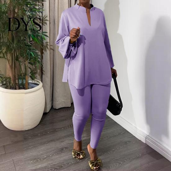 Loose T-shirt Set 2 Pcs/Set Women Top Pants Stand Collar Long Sleeve Split Hem Fall Clothing Blouse Elastic Waist Slim Fit Trousers Daily Wear Outfit