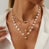 Sweet And Cool Style Metal Love Pendant Necklace, Temperament Imitation Pearl Beads Stacked Collarbone Necklace