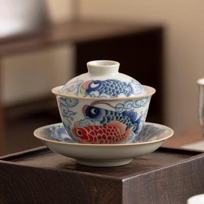 Blue and White Ru Kiln Tea Tureen Handmade Ceramic Gaiwan Porcelain Bowl Saucer Vintage Chinese Kung Fu Teacups Teaware Sets