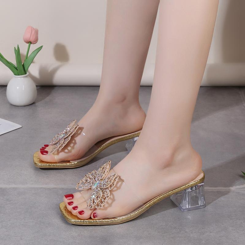 Women's Sandals Women Summer New Square Toe Open Toe Rhinestone Butterfly Mid Heel Block Heel Cool Mopping