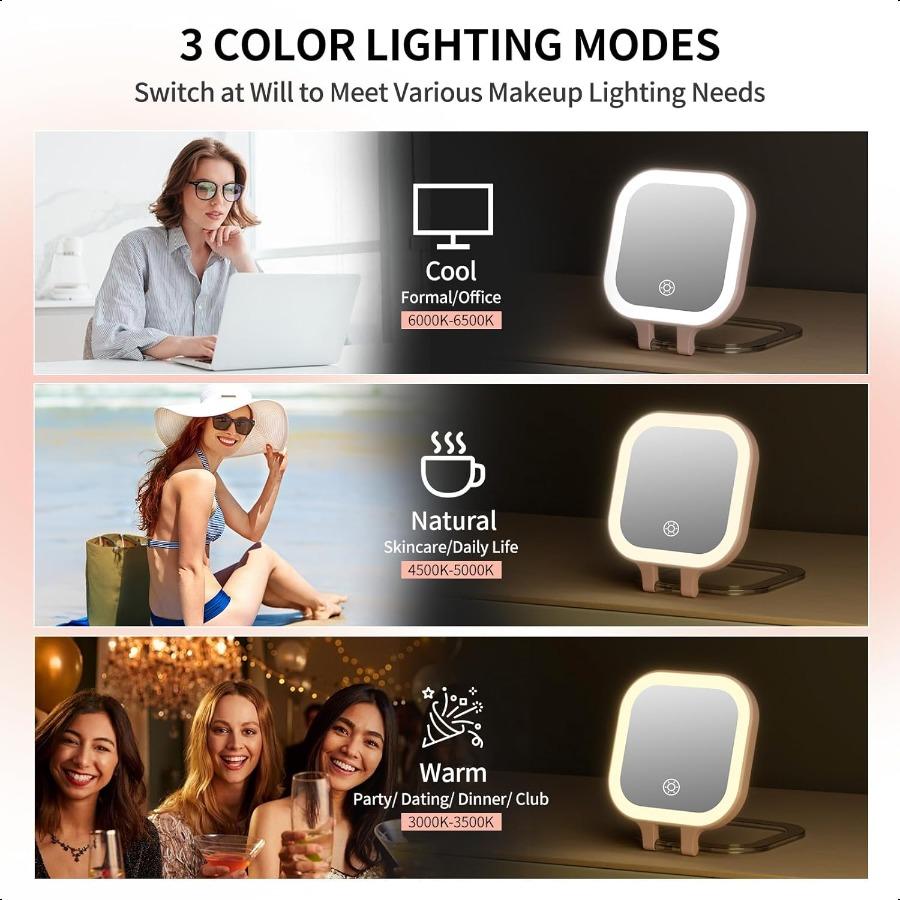 Travel Makeup Mirror with Light 1X 10X Magnifying Mirror with 3 Light Settings Adjustable Brightn Rechargeable Folding Compact
