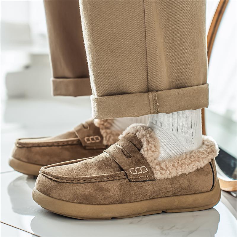 Moccasins Men Loafers Winter Driving Shoes Warm Fleece Slip On Low Top Snow Boots Plush Flats Outdoor Fur Lined Casual Shoes