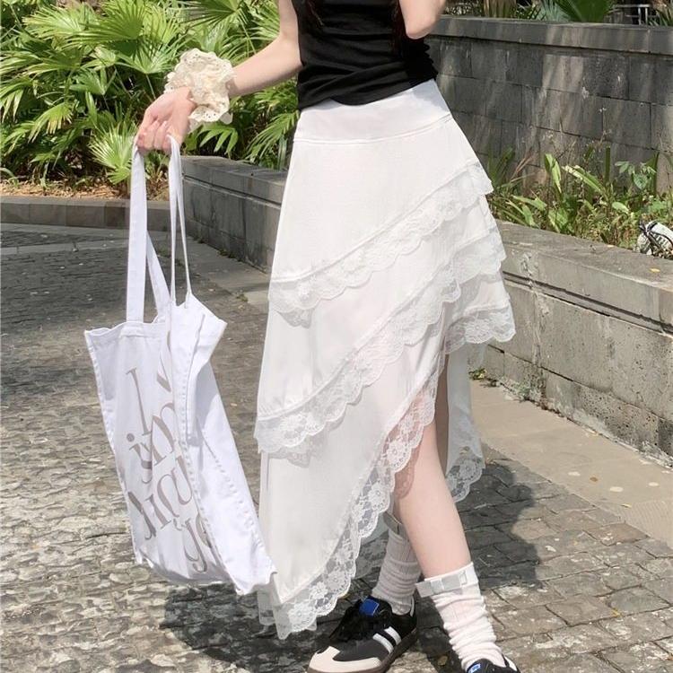 Irregular White Boho Style Skirts Korean Lace Ruffles Skirt Harajuku Y2K Skirt Vintage Elegant Chiffon Skirts A-Line Cake Skirt