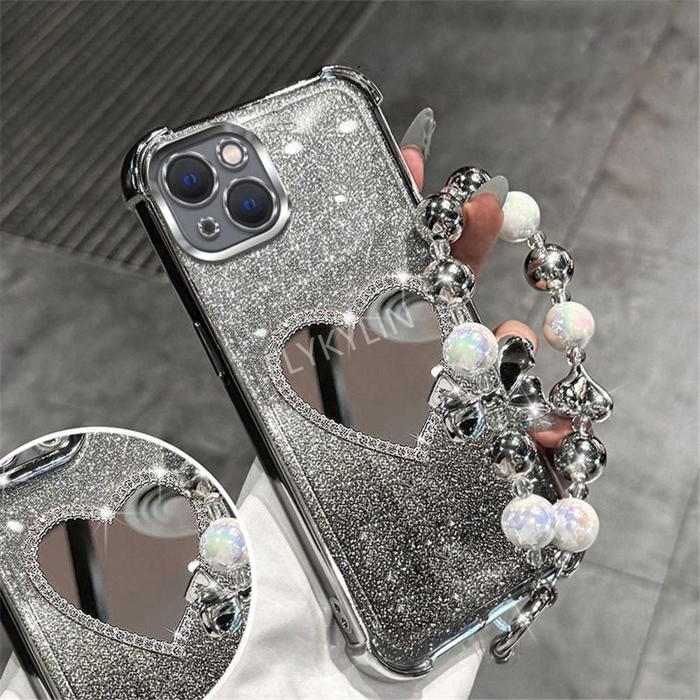 Bead Bracelet Shockproof Phone Case For Samsung S25 S24 S23 S22 S21 S20 FE Note 20 Ultra Plus Glitter Heart Mirror Silicon Cover