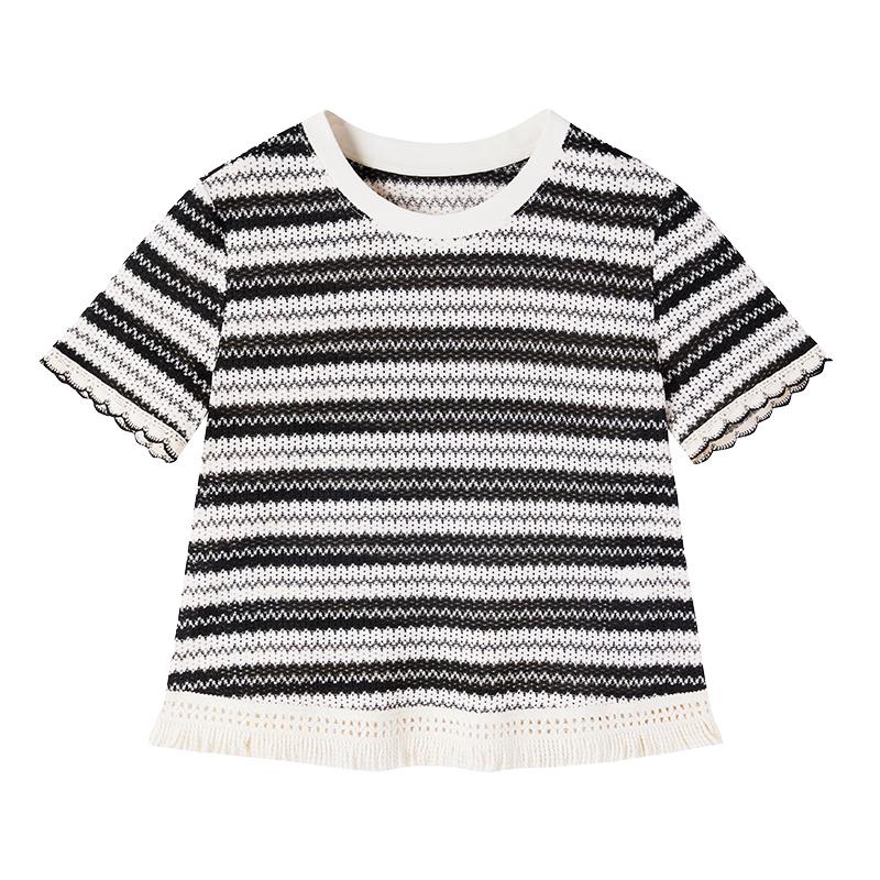 Xiangying Women s Tassel Stripe Black T-Shirt S