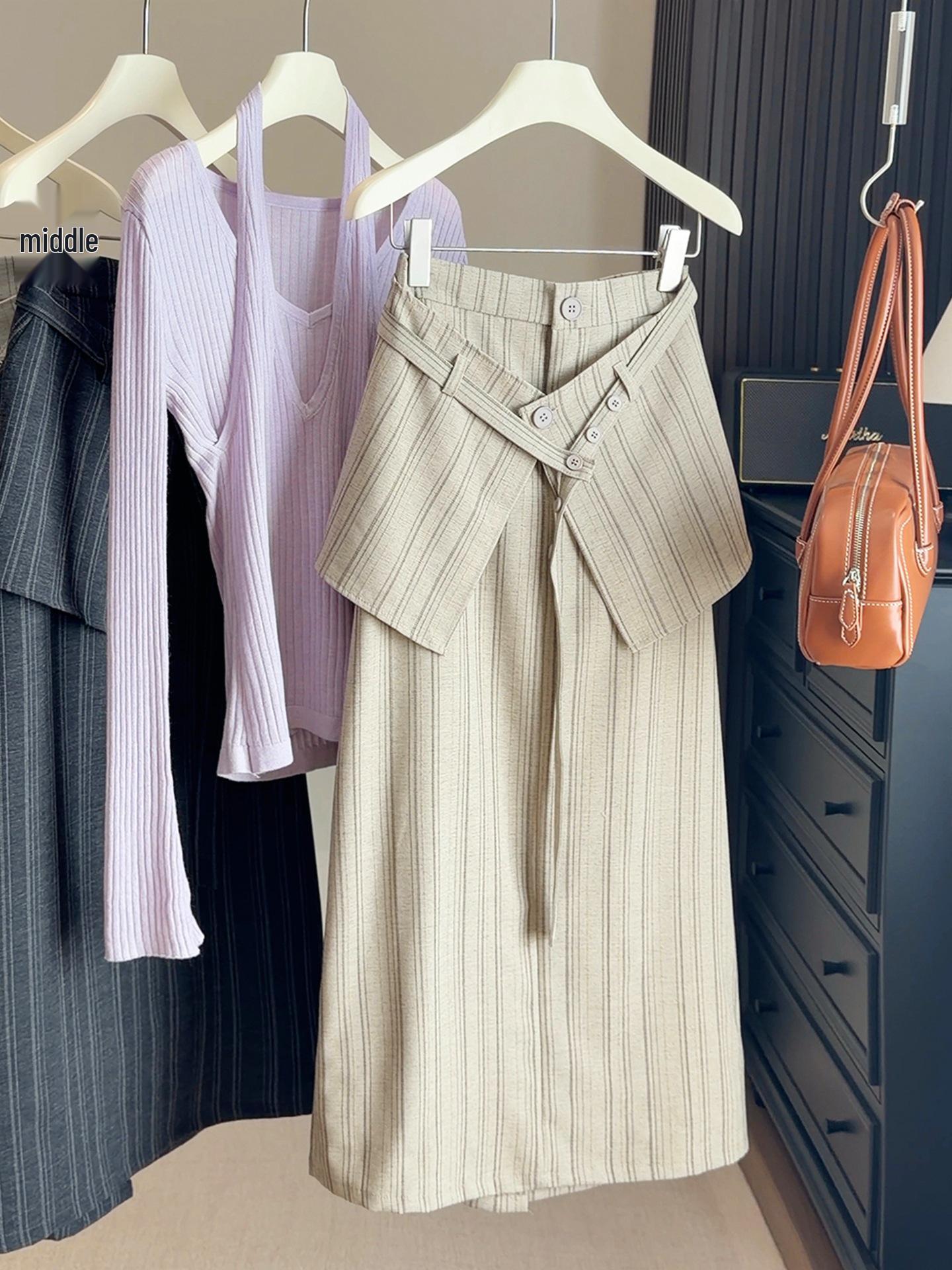 

High-Waisted Striped Half-Skirt Suit for Women - New Spring/Summer Slim Fit with Back Flap, Mid-Length. XL