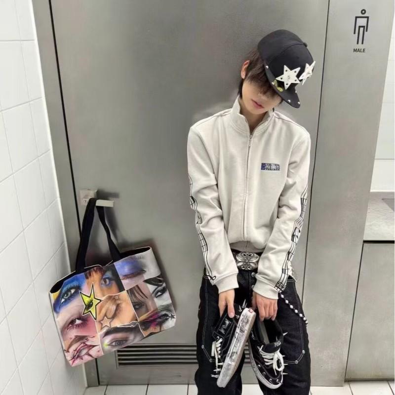 Mens Vintage American Embroidered Note Stand Collar Jacket Loose Casual Youth Streetwear