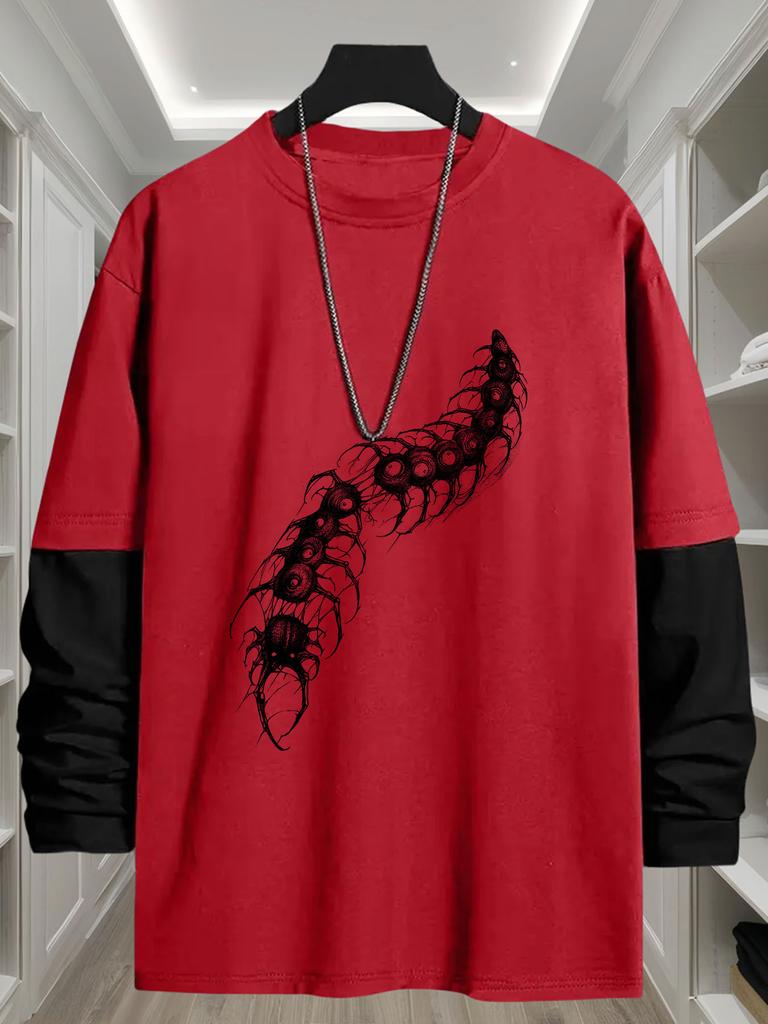 Men's Visual Overlay Long Sleeve Tee, Quick Dry Breathable Tops, Regular Fit for Daily City Stroll Outdoor Errands Weekend Commute Leisure Wear