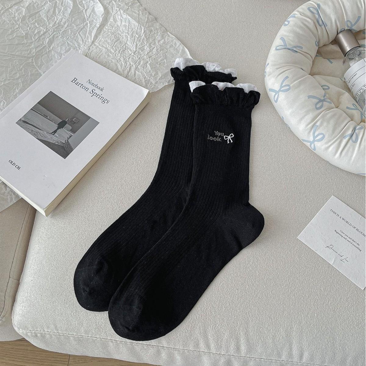 

Ballet Style Pile Socks, Women S Thin Fungus-Edged Women S Socks, Boneless Embroidered Letters, Bows, Mid-Tube Cotton Socks 35-39 чорний