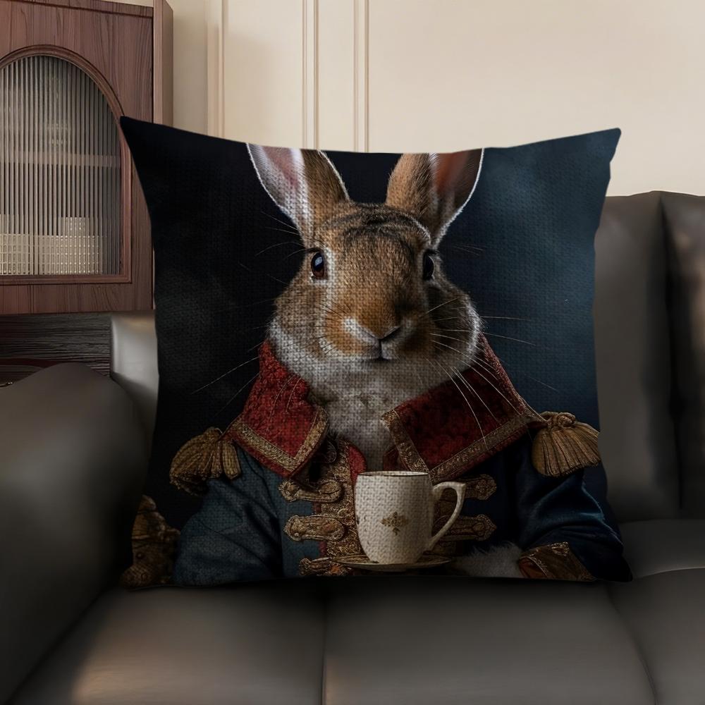 Rabbit Portrait Renaissance Cushion Cover Natural Linen Organic Fabric Double-Sided Printing Sofa Home Decor Gift Pillow Case