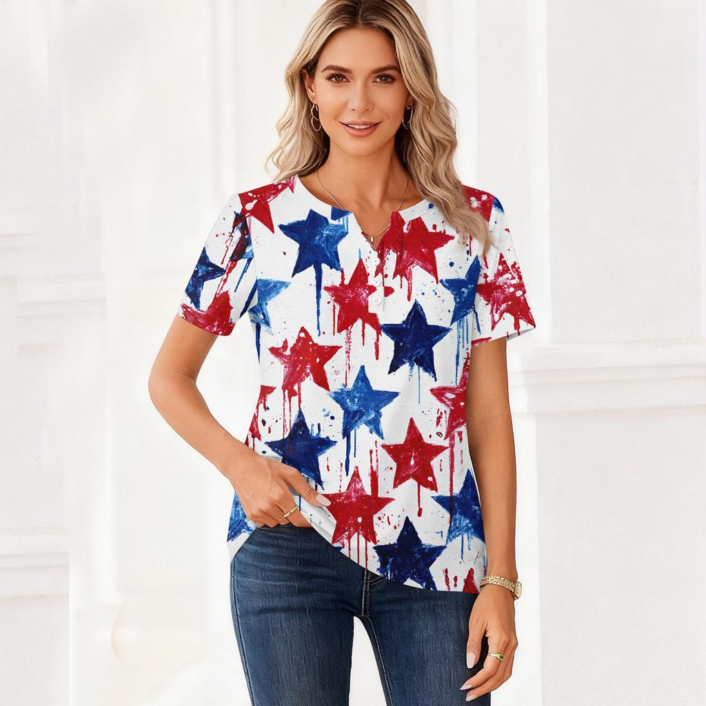 Women's T Shirt Independence Day Print Button Short Sleeve Daily Weekend Fashion Basic V- Neck Regular Top