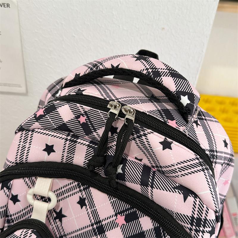 Large Capacity Plaid Backpack Women's Star Printed Student School Bag with Coin Purse