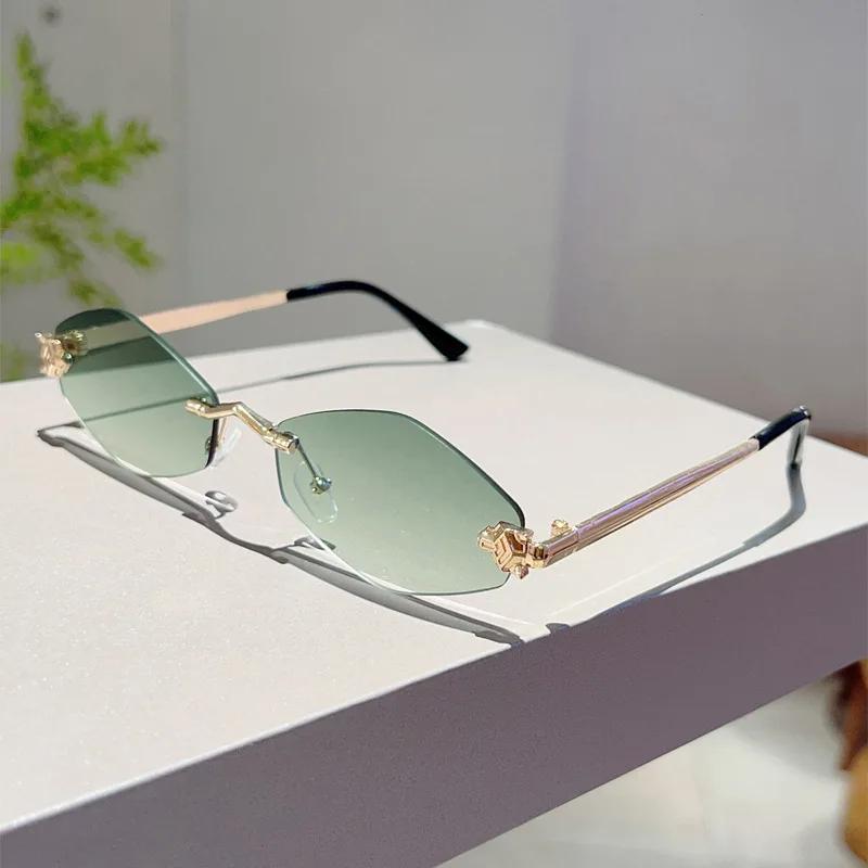 Vintage Rimless Rhombus Sunglasses Women For Men Luxury Brand Designer Popular Punk Hip Hop Metal Leopard Head Sun Glasses