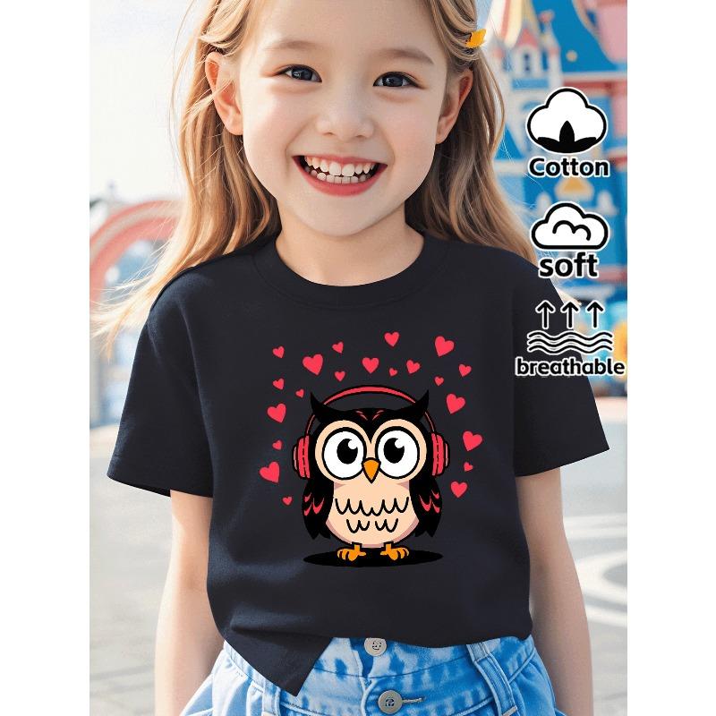 European sizes Cute Owl with Headphones And Hearts Teen Girls Casual Tee - Trendy Soft Breathable T-Shirt for Casual Attire