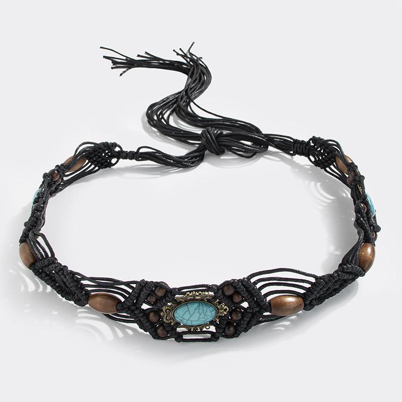 New Bohemian-style Alloy Cat's Eye Crown Bead Woven and Knotted Ethnic Style Handmade Vacation Women's Waist Rope
