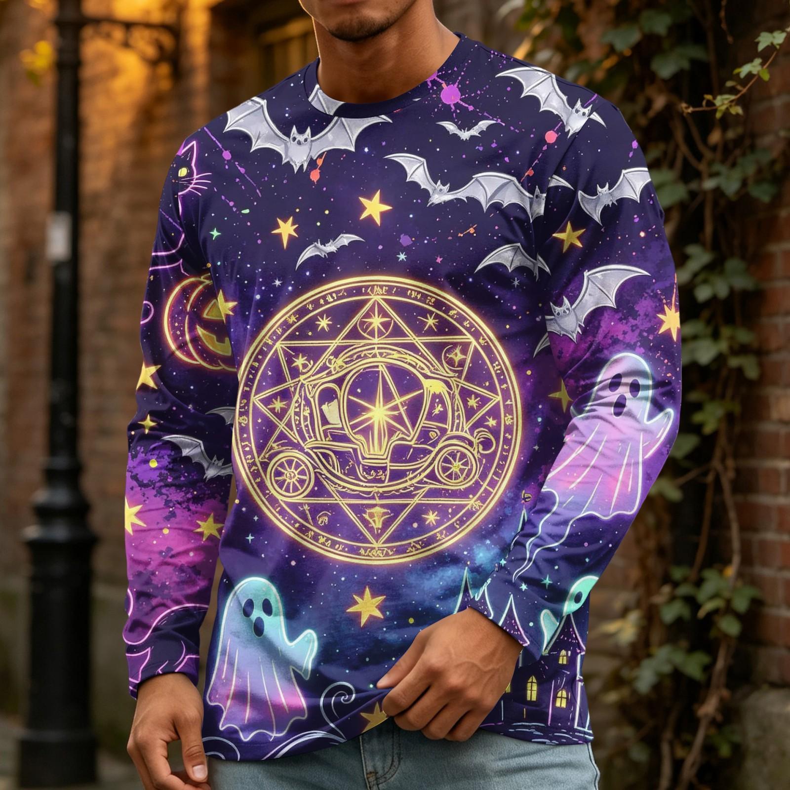 Men s Halloween Print Long Sleeve Neck T-Shirt Loose Fit Casual Top M
