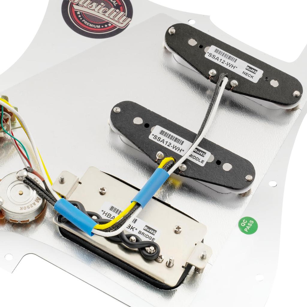 Musiclily Pro SSH Stratocaster Prewired Pickguard for ST Stratocaster Electric Guitar with Artec Alnico 5 Set Pickups, White, 3-Piece