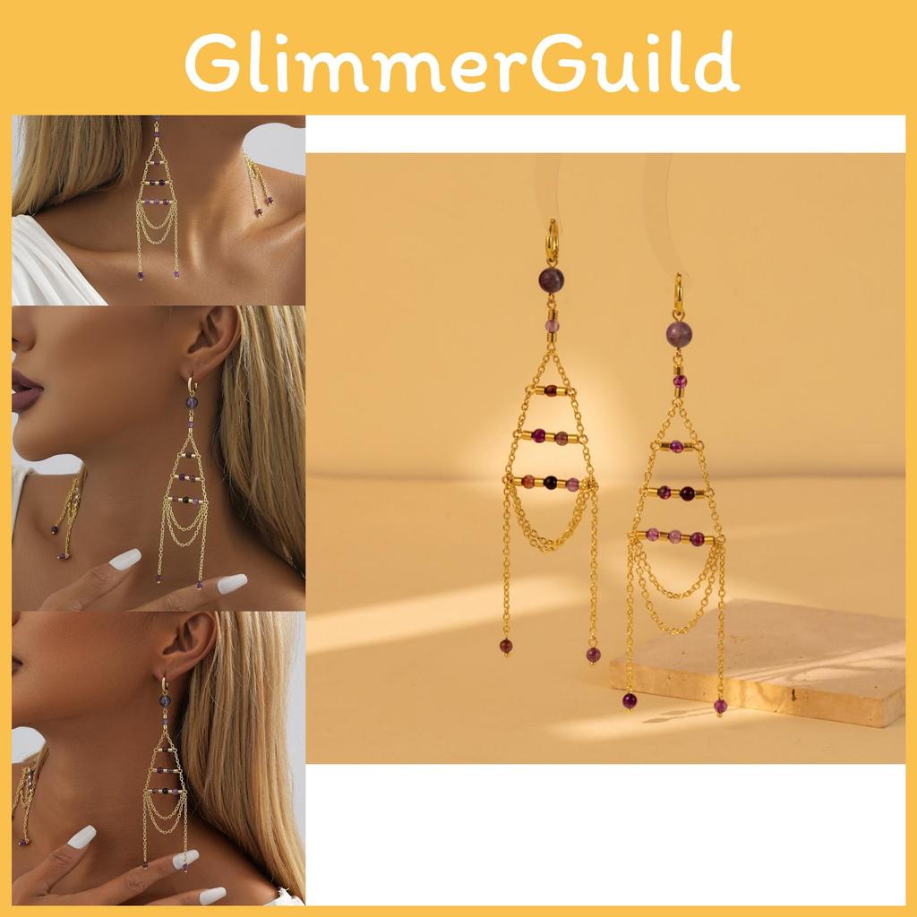 Modern Stylish Gold Chain Earrings With Purple Crystal Design Geometric