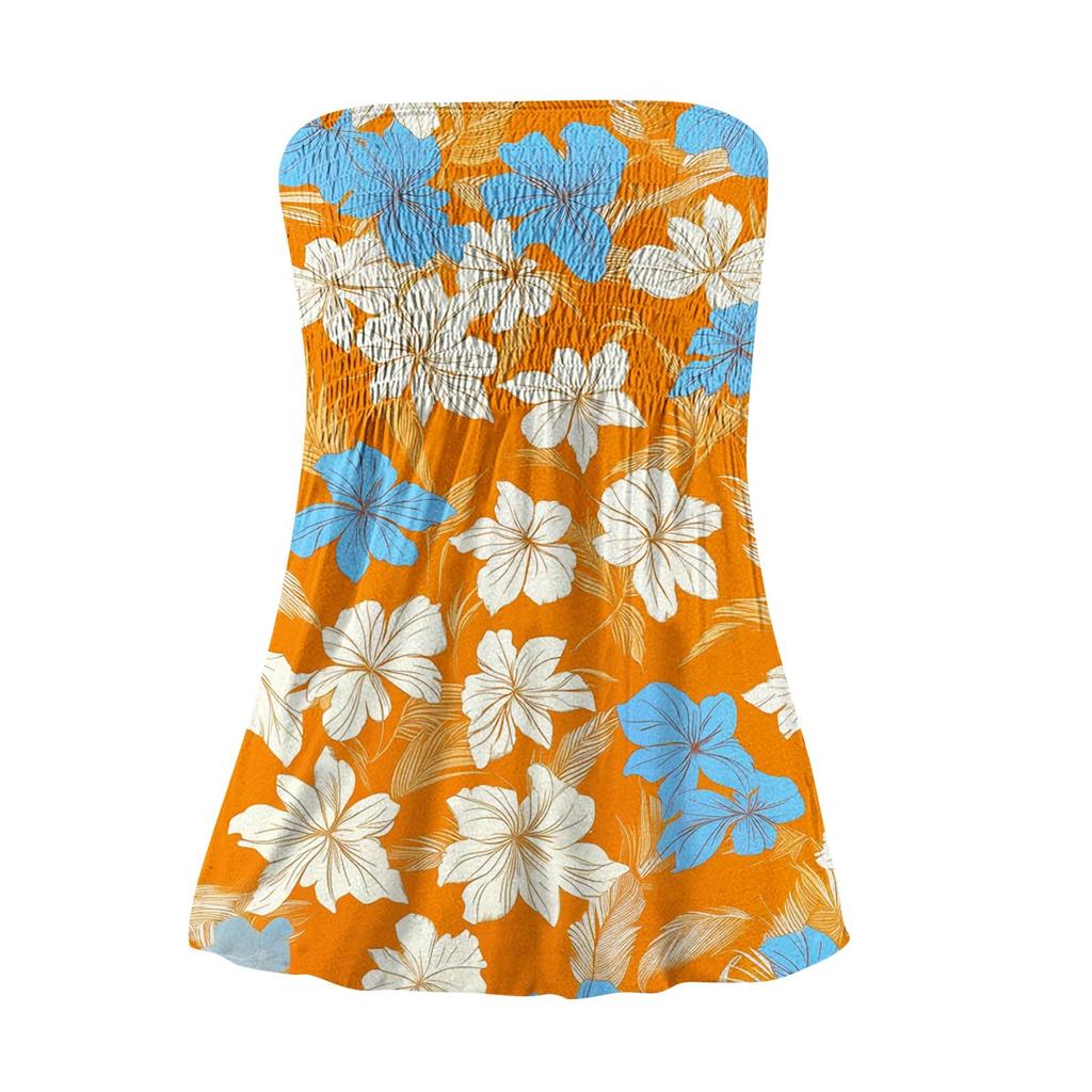 Kadınlar İçin Yazlık Tüp Üstler, Sevimli Seksi Omuz Düşük Çiçek Baskılı Kolsuz Tişört