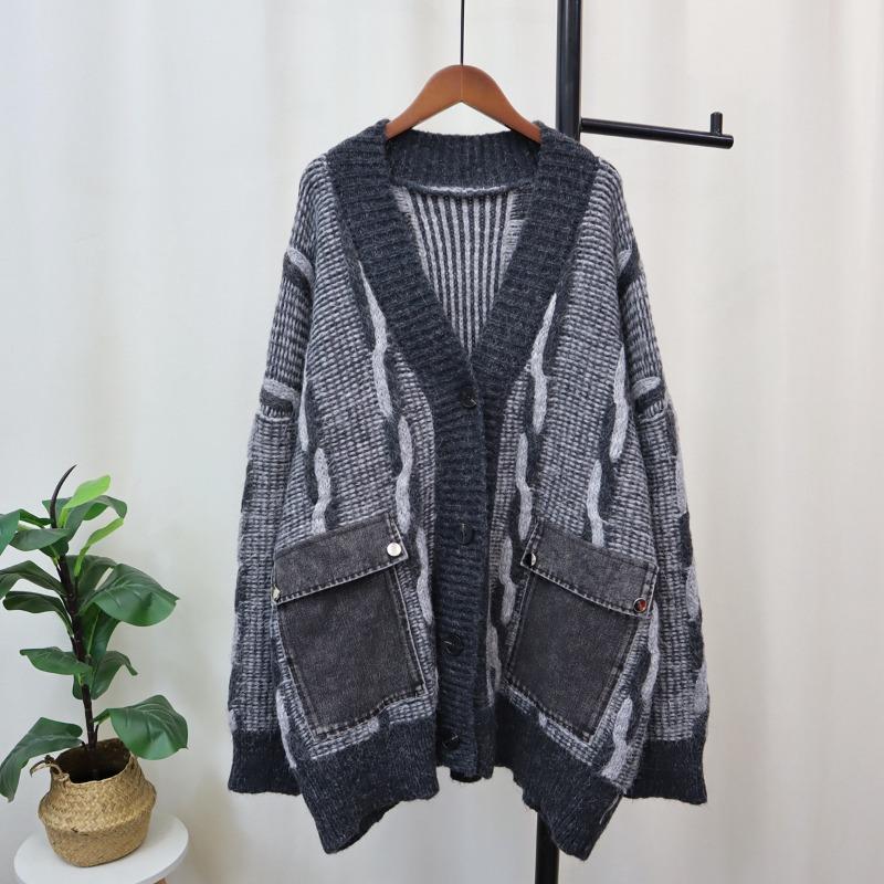 Autumn and Winter Splicing Pocket Denim Knitted Cardigan Women's Loose Lazy Style Versatile Sweater Jacket Thick