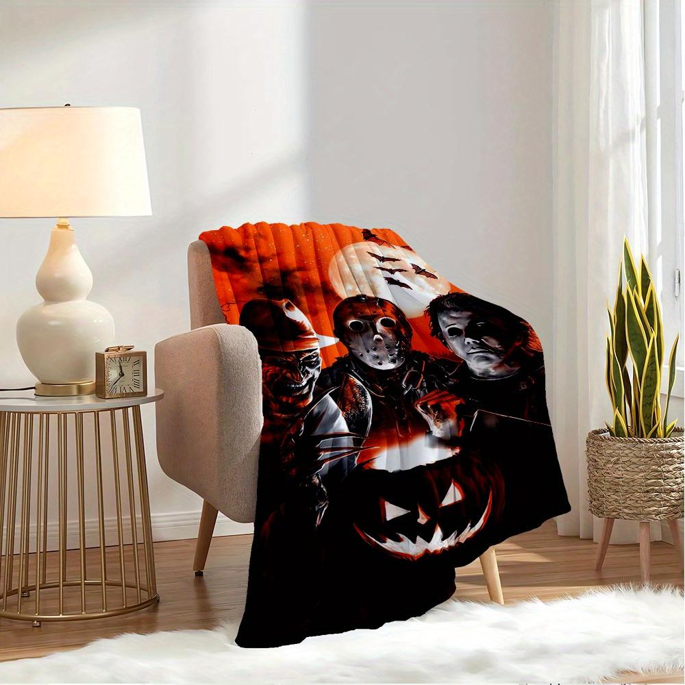For Halloween,Horror Icons,Pumpkin Carving-Themed Flannel Blanket, Glam Style, Digital Print, All-Season Comfort, Tear-Resistant, Knitted Cr