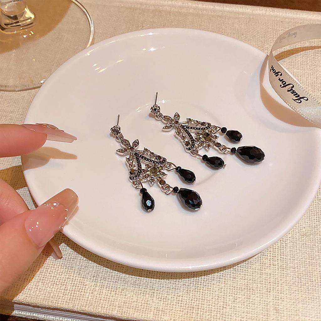 French Retro Court Style Fashion Imitation Dark Crystal Tassel Earrings For Women