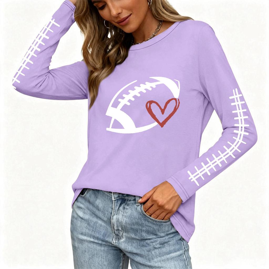 Women's Fashion Rugby Print Long Sleeve Neck Top with Side Slit Hem
