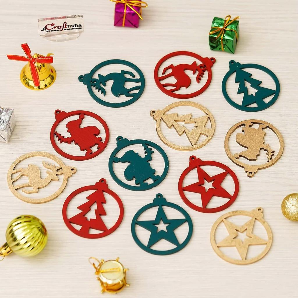 Wooden Merry Christmas Decor Hanging Ornaments (Pack of 12) Santa Claus Christmas Tree Star Reindeer Wall Hangings| Xmas Tree Decoration