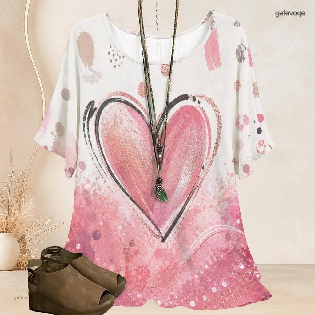 Women Plus Size Batwing Short Sleeve Top Round Neck Golden Heart Cosmic Galaxy Print Loose Casual Tunic Blouse