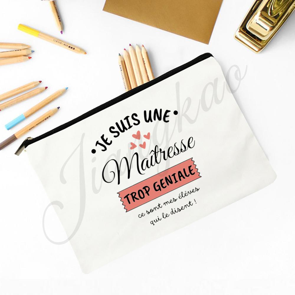 

Best Teacher French Printed Makeup Bag Travel Neceser Travel Toiletry Organizer School Pencil Bags Graduate Gift for Maitresse