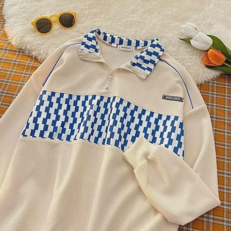 Men's Spring Casual Checkerboard Polo-Collar Sweatshirt - Retro, Loose-Fit Fashion Trend
