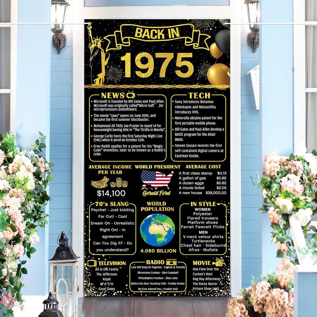 50th Birthday Door Banner - Back In 1975 Door Decor - 50 Years Ago Anniversary Door Cover - Vintage 1975 Birthday Backdrop Door Porch Party
