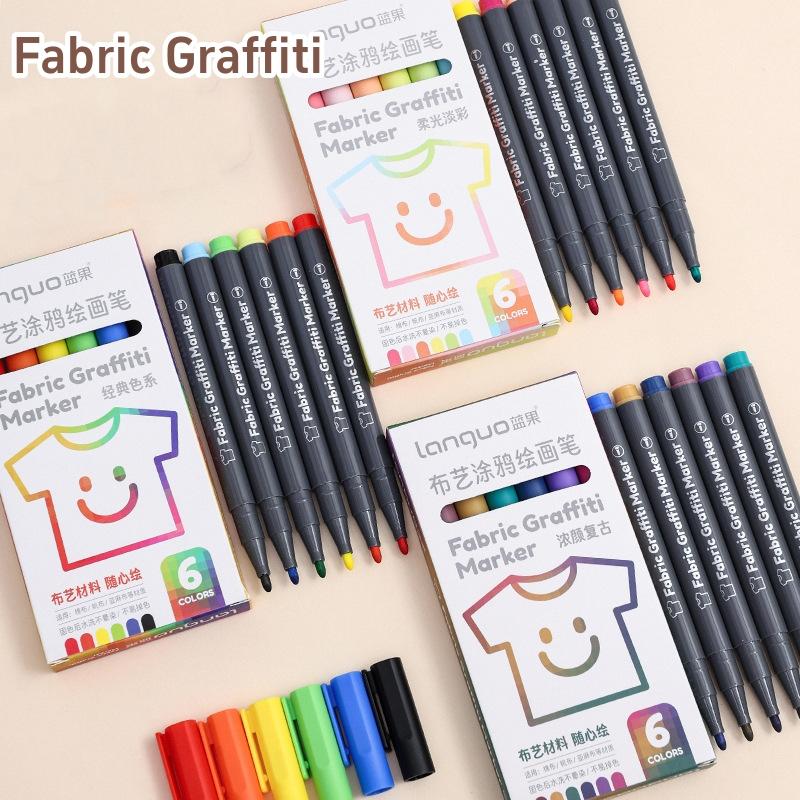 6pcs Fabric Graffiti Marker Pens Set Washable & Reusable Drawing for Cotton Canvas Linen DIY Paint School