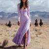 2026 New Women's Vintage Western Style Long Dress with Buttons, Ruched Long Sleeves, Sexy Dress