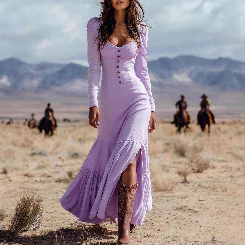 2026 New Women's Vintage Western Style Long Dress with Buttons, Ruched Long Sleeves, Sexy Dress