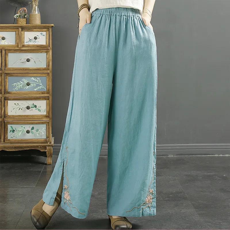 Women Pants Cotton Summer Elastic Waist Loose Casual Embroidery Solid Color Comfortable Soft Pants