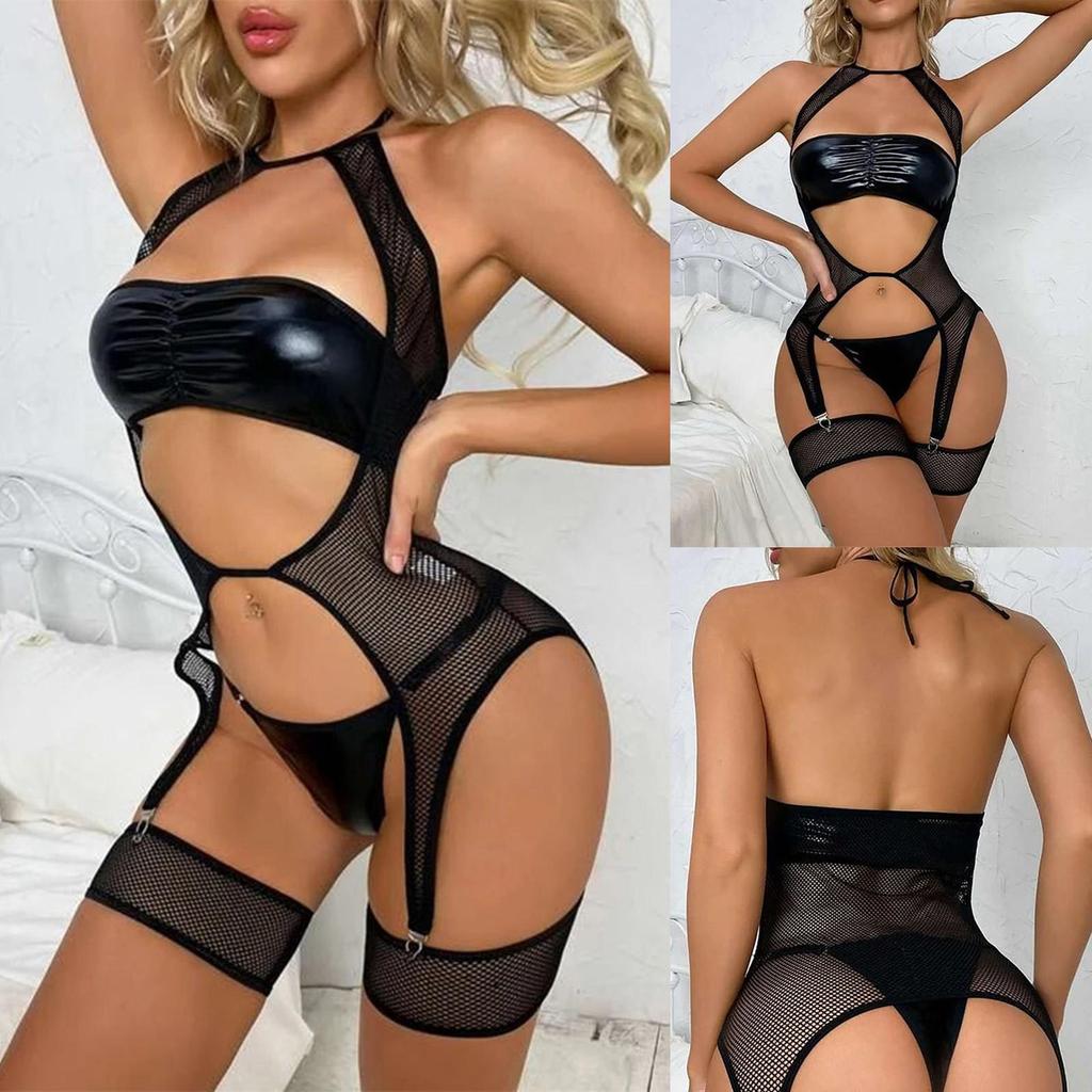 Women's Fashion Sexy  Leather Bodysuit Backless Two-piece Lingerie