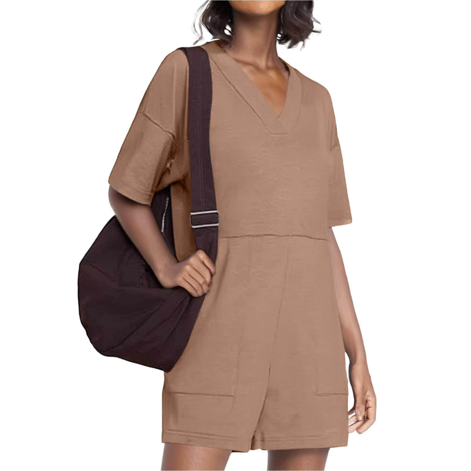 

Женские однотонные шорты больших размеров с V-образным вырезом, свободными карманами и короткими рукавами, комбинезон, шорты XXL кофейный