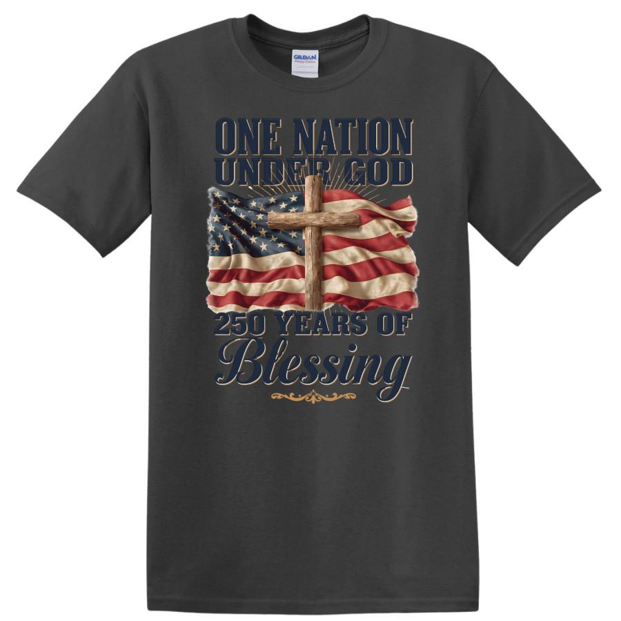 250 Years Blessing T Shirt One Nation Under God American Flag Cross Faith Tee XL