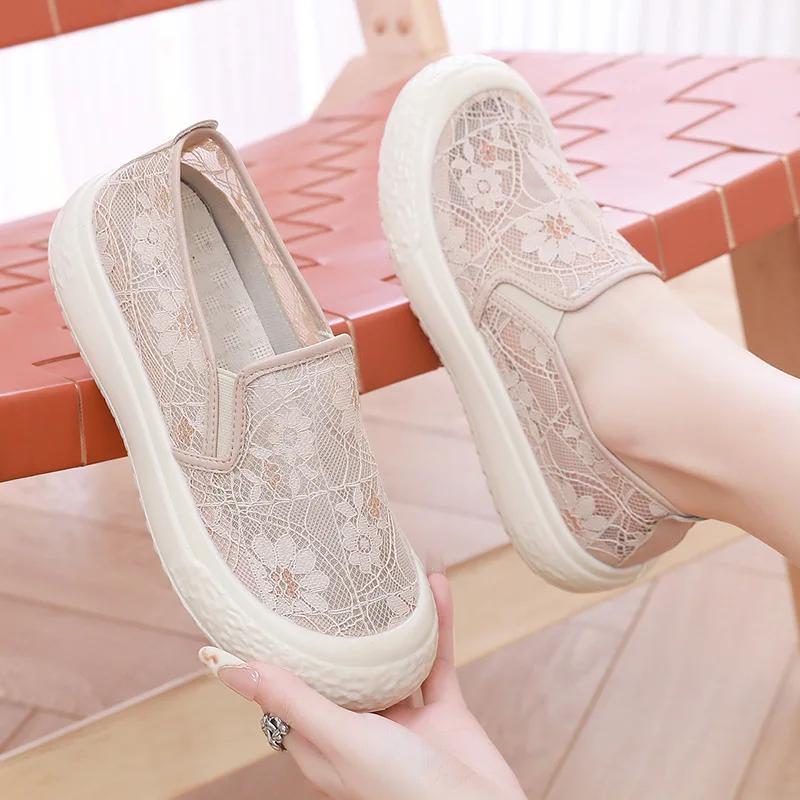Fashion 2025 Summer Xiaoxiangfeng Fisherman Soft-soled Shoes Non-slip Women's Lace Mesh One-pedal Platform Mesh Shoes