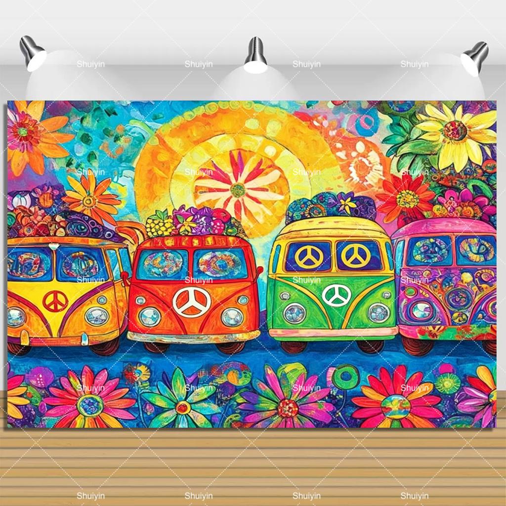 Colorful Peace Love Retro Hippie Bus Dyed Backdrop Kids Birthday Party Decorations Bohemian Style Guitar Floral Photography Prop