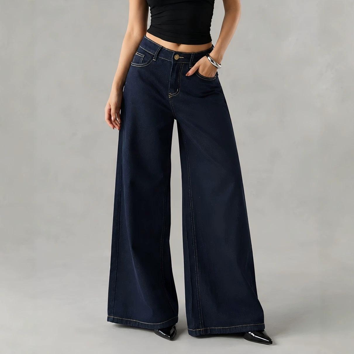 Women s Straight Leg Stretchy Jeans Trendy Loose Wide Leg Denim Pants with Pockets Comfort Stretch Baggy Denim Pants High Waisted Jeans for Women S