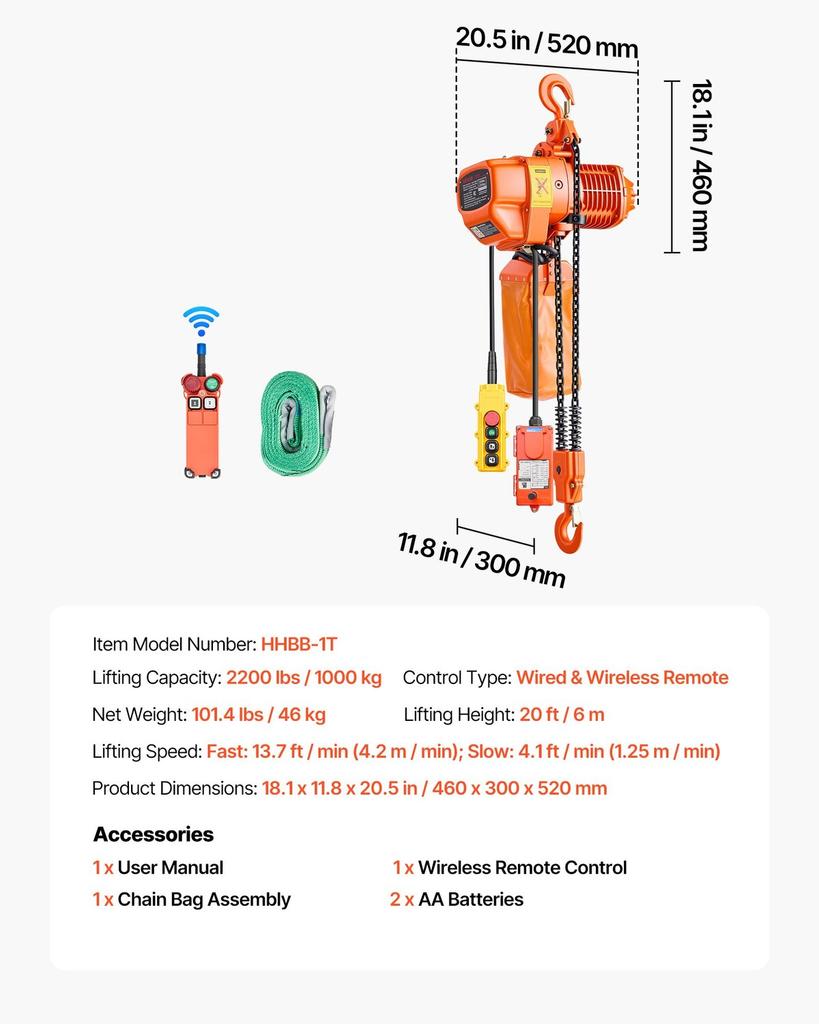 1000 Kg Electric Chain Hoist, 6 M Lifting Height, Three-Phase Overhead Crane with 100 M Wireless & 4.5 M Wired Remote Control, Double G80 Chain Hoist