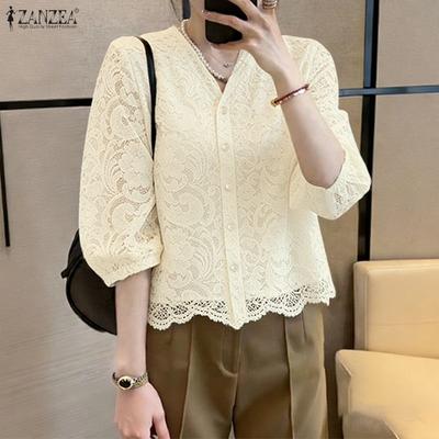 Women Casual V-Neck 3/4 Sleeve Loose Lace Patchwork Blouse