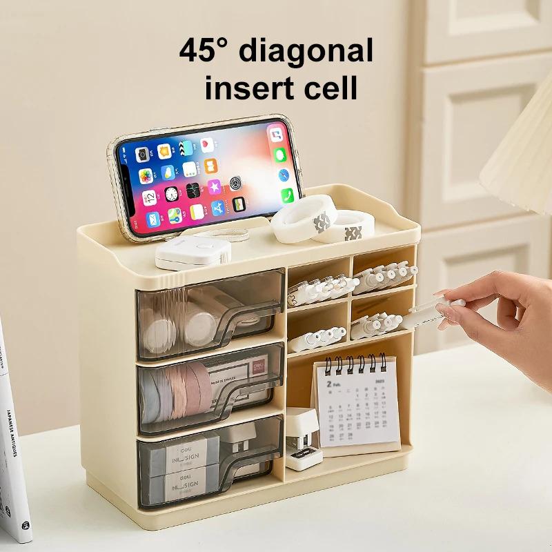 Multi-layer Drawer Type Household Storage , Office Transparent Large Capacity Cream Wind Stationery Storage Box