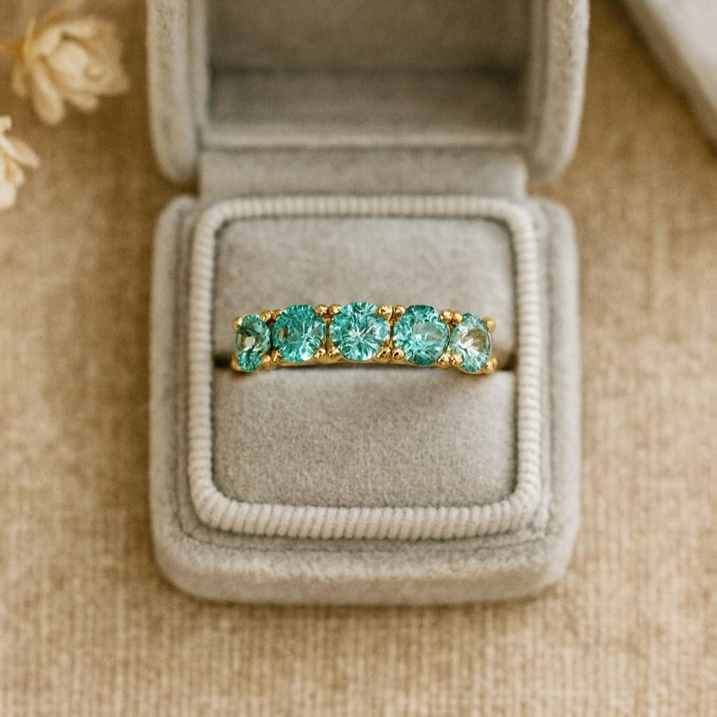 Teal Sapphire Half Eternity Band – Yellow Gold Plated Dainty Engagement, Wedding, Anniversary, Promise Ring for Women | Handmade Gift for Wife